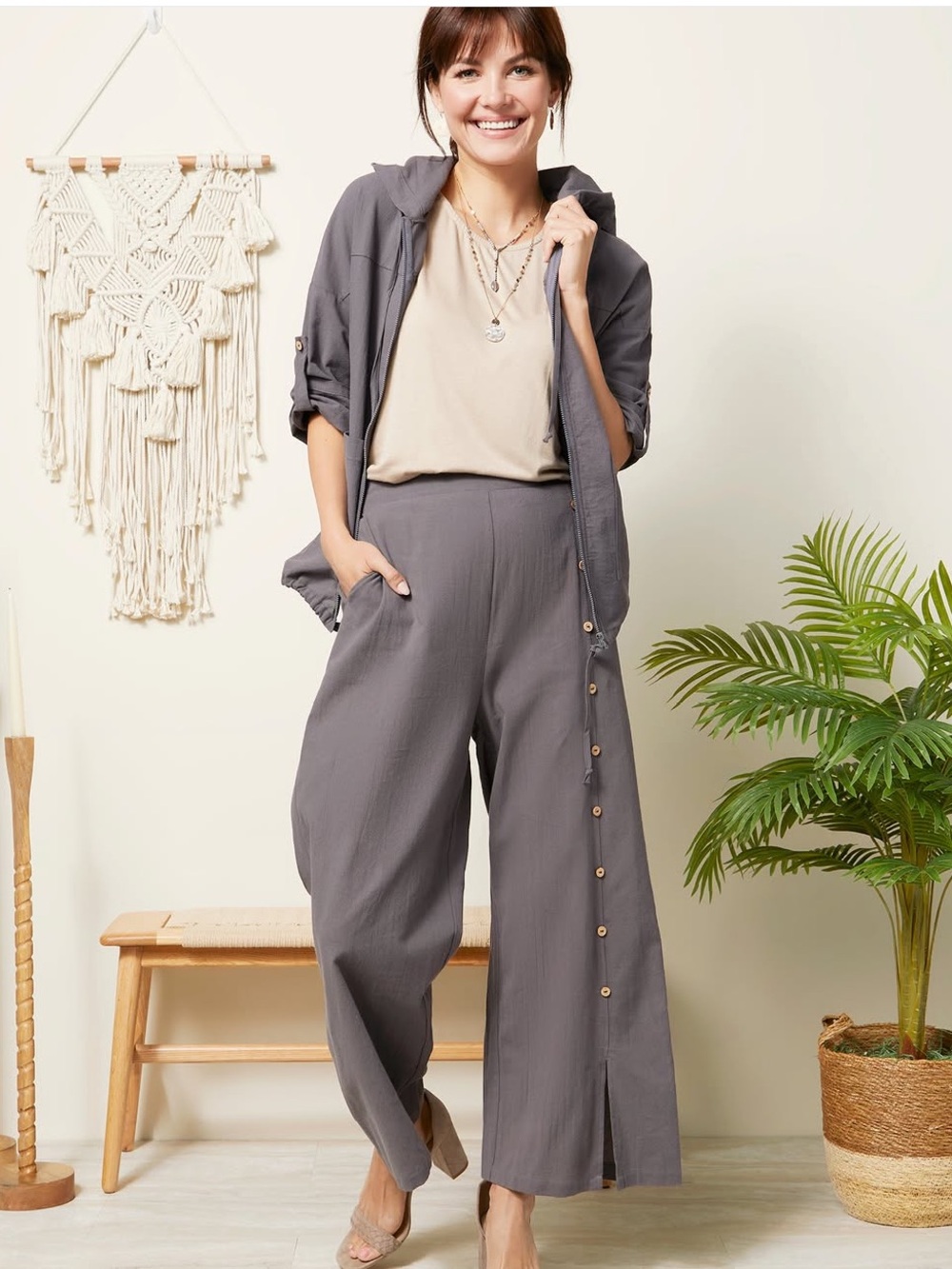 Coco + Carmen Lightweight Gray Cotton Pants Split Hem w/ Buttons Size L/XL